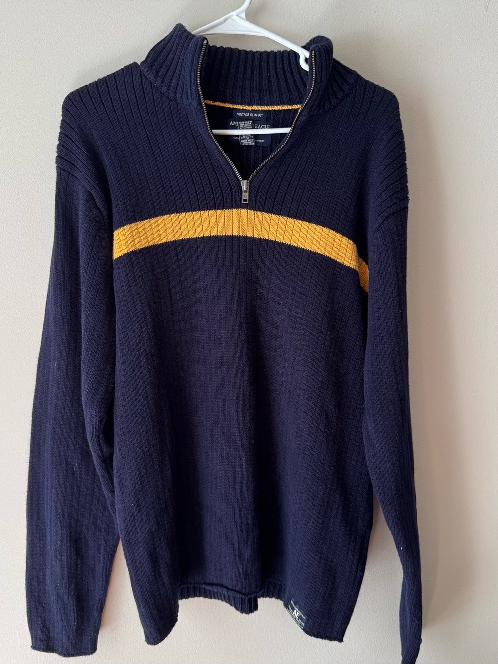 American Eagle Men’s Navy Half-Zip Sweater with Stripe